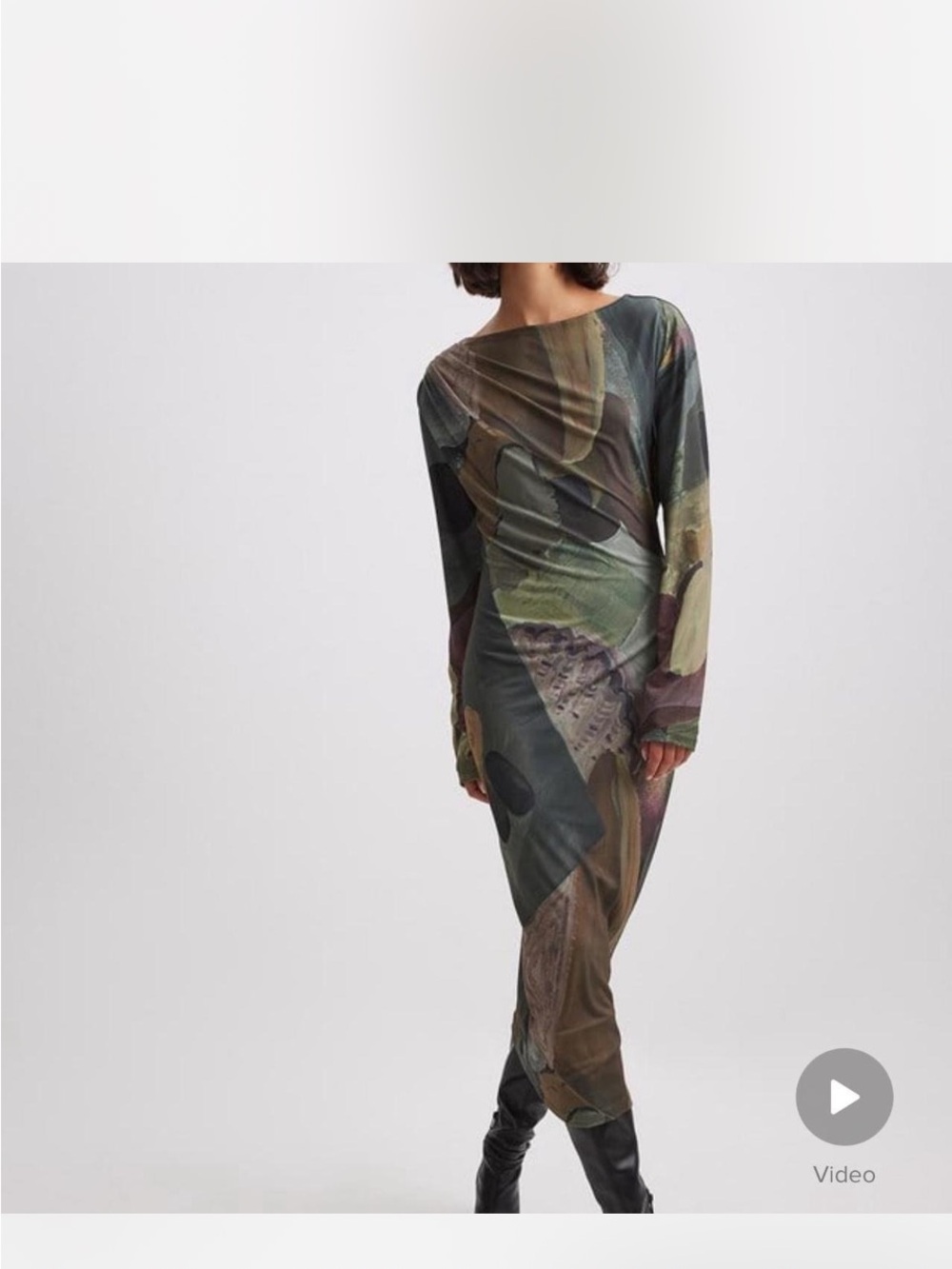 Backless Long-Sleeve Olive Print Midi Dress